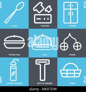 Set Of 9 simple editable icons such as Timer, Bottle opener, Coffee grinder, Towel, Tray, Frying pan, Fridge, Toaster, Ladle, can be used for mobile,  Stock Vector