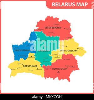 The detailed map of Belarus with regions or states and cities, capital. Administrative division Stock Vector