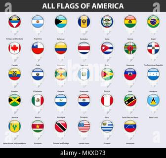 All flags of the countries of America. Pin map pointer glossy style. Stock Vector