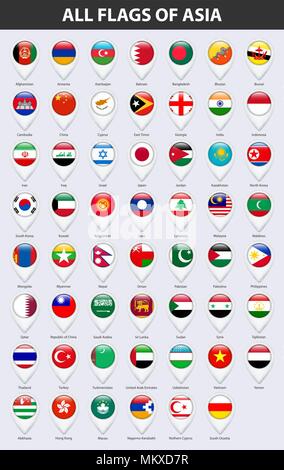 All flags of the countries of Asia. Pin map pointer glossy style. Stock Vector