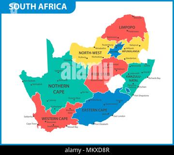 The detailed map of South Africa with regions or states and cities, capital. Administrative division Stock Vector