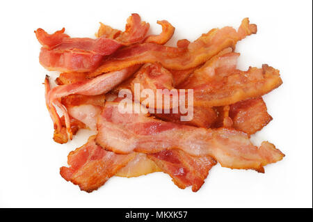 Frying pan with cooked bacon rashers on white background Stock Photo - Alamy