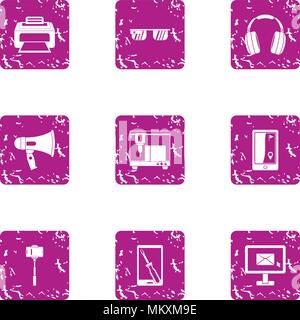 Video monitor icons set, grunge style Stock Vector