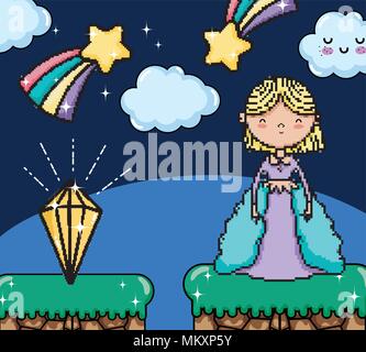 Cute pixelated videogame fantasy scenery Stock Vector