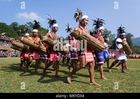 Meghalaya, India. Garo tribe performs during the 100 Drum Festival Stock Photo