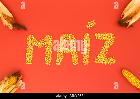 Concept of the word corn in spanish language formed with dry corn seeds on red background and decorated with golden corn cobs Stock Photo