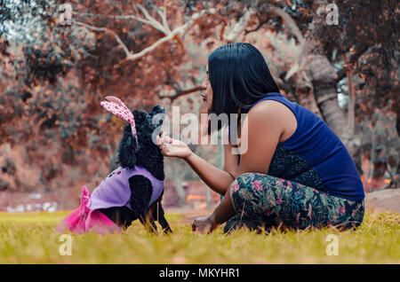 Girl stroking her black poodle dog Stock Photo