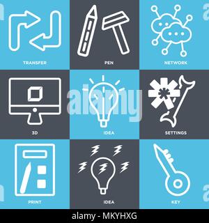 Set Of 9 simple editable icons such as Key, Idea, print, Settings, 3d, Network, Pen, Transfer, can be used for mobile, web Stock Vector