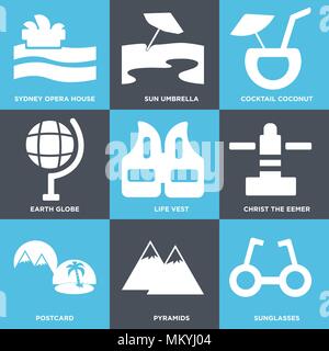 Set Of 9 simple editable icons such as Sunglasses, Pyramids, Postcard, Christ the eemer, Life Vest, Earth globe, Cocktail Coconut, Sun umbrella, Sydne Stock Vector