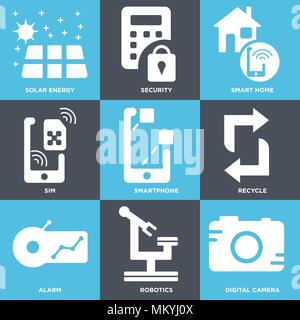 Set Of 9 simple editable icons such as Digital camera, Robotics, Alarm, Recycle, Smartphone, Sim, Smart home, Security, Solar energy, can be used for  Stock Vector