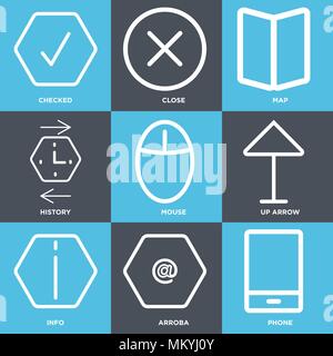Set Of 9 simple editable icons such as Phone, Arroba, Info, Up arrow, Mouse, History, Map, Close, Checked, can be used for mobile, web Stock Vector