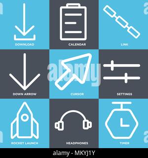 Set Of 9 simple editable icons such as Timer, Headphones, Rocket launch, Settings, Cursor, Down arrow, Link, Calendar, Download, can be used for mobil Stock Vector
