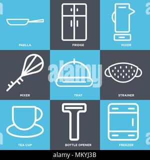 Set Of 9 simple editable icons such as Freezer, Bottle opener, Tea cup, Strainer, Tray, Mixer, Fridge, Paella, can be used for mobile, web Stock Vector