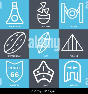 Set Of 9 simple editable icons such as Helmet, Cap, Route 66, Pyramid, Surf, Coffee bean, Gong, Nachos, Balalaika, can be used for mobile, web Stock Vector