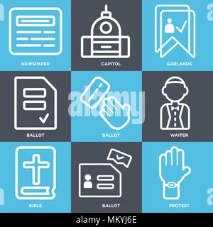 Set Of 9 simple editable icons such as Protest, Ballot, Bible, Waiter, Garlands, Capitol, Newspaper, can be used for mobile, web Stock Vector