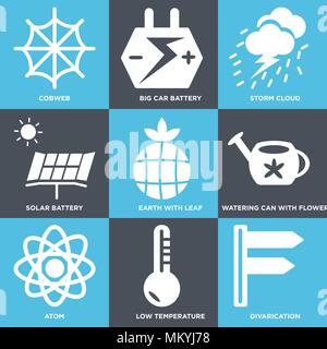 Set Of 9 simple editable icons such as Divarication, Low Temperature, Atom, Watering Can with Flower, Earth Leaf, Solar Battery, Storm Cloud, Big Car  Stock Vector