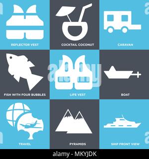 Set Of 9 simple editable icons such as Ship Front View, Pyramids, Travel, Boat, Life Vest, Fish with Four bubbles, Caravan, Cocktail Coconut, Reflecto Stock Vector