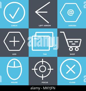 Set Of 9 simple editable icons such as Close, Focus, Mouse, Shop, Tab, Add, Arroba, Left arrow, Check, can be used for mobile, web Stock Vector