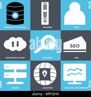 Set Of 9 simple editable icons such as Analytic on computer, Location, Server, seo, Settings, Download cloud, User, Folders, Server data setting, can  Stock Vector