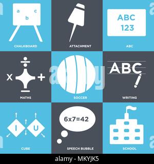Set Of 9 simple editable icons such as School, Speech bubble, Cube, Writing, Soccer, Maths, Abc, Attachment, Chalkboard, can be used for mobile, web Stock Vector