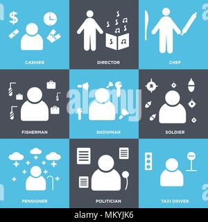 Set Of 9 simple editable icons such as Taxi driver, Politician, Pensioner, Soldier, Showman, Fisherman, Chef, Director, Cashier, can be used for mobil Stock Vector
