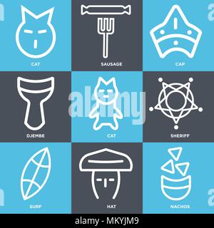 Set Of 9 simple editable icons such as Nachos, Hat, Surf, Sheriff, Cat, Djembe, Cap, Sausage, can be used for mobile, web Stock Vector