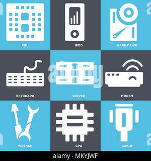 Set Of 9 simple editable icons such as Cable, Cpu, Wrench, Modem, Server, Keyboard, Hard drive, Ipod, can be used for mobile, web Stock Vector