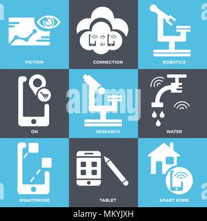 Set Of 9 simple editable icons such as Smart home, Tablet, Smartphone, Water, Research, On, Robotics, Connection, Piction, can be used for mobile, web Stock Vector