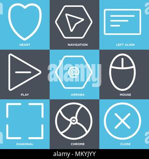 Set Of 9 simple editable icons such as Close, Chrome, Diagonal, Mouse, Arroba, Play, Left align, Navigation, Heart, can be used for mobile, web Stock Vector