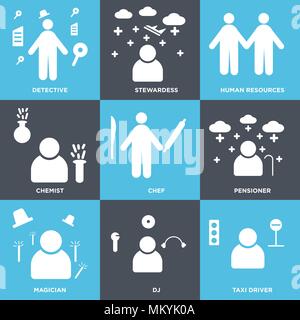 Set Of 9 simple editable icons such as Taxi driver, DJ, Magician, Pensioner, Chef, Chemist, human resources, Stewardess, Detective, can be used for mo Stock Vector