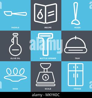 Set Of 9 simple editable icons such as Fridge, Scale, Eggs, Tray, Bottle opener, Olive oil, Mixer, Recipe, Paddle, can be used for mobile, web Stock Vector