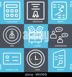 Set Of 9 simple editable icons such as Search, Clock, Business card, Conversation, Cabinet, Man, Report, Certificate, Calculator, can be used for mobi Stock Vector