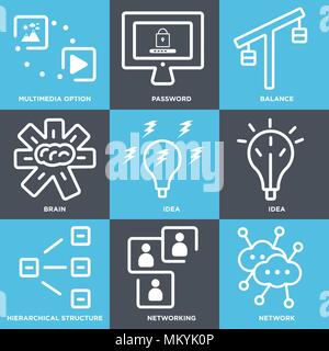 Set Of 9 simple editable icons such as Network, Networking, Hierarchical structure, Idea, Brain, Balance, Password, Multimedia option, can be used for Stock Vector