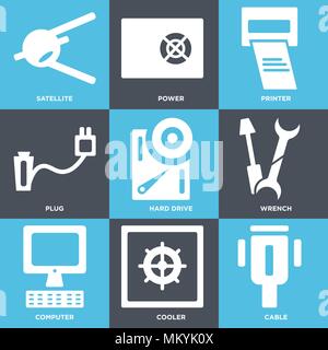 Set Of 9 simple editable icons such as Cable, Cooler, Computer, Wrench, Hard drive, Plug, Printer, Power, Satellite, can be used for mobile, web Stock Vector