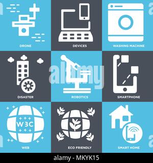 Set Of 9 simple editable icons such as Smart home, Eco friendly, Web, Smartphone, Robotics, Disaster, Washing machine, Devices, Drone, can be used for Stock Vector