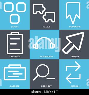 Set Of 9 simple editable icons such as Refresh, Zoom out, Padnote, Cursor, Headphones, Calendar, Bookmark, Puzzle, Layout, can be used for mobile, web Stock Vector