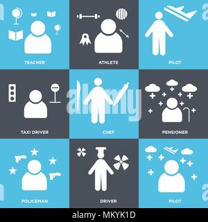 Set Of 9 simple editable icons such as Pilot, Driver, Policeman, Pensioner, Chef, Taxi driver, Athlete, Teacher, can be used for mobile, web Stock Vector