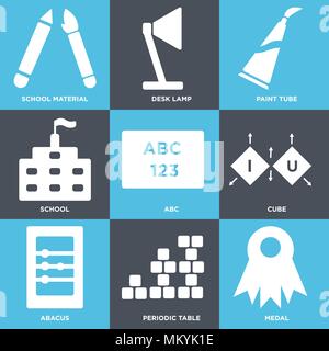 Set Of 9 simple editable icons such as Medal, Periodic table, Abacus, Cube, Abc, School, Paint tube, Desk lamp, School material, can be used for mobil Stock Vector