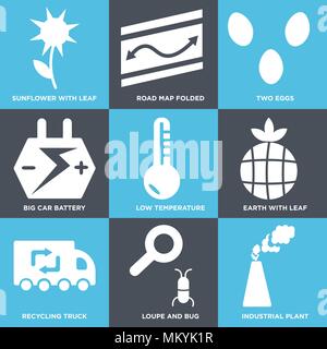 Set Of 9 simple editable icons such as Industrial Plant, Loupe and Bug, Recycling Truck, Earth with Leaf, Low Temperature, Big Car Battery, Two Eggs,  Stock Vector