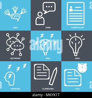 Set Of 9 simple editable icons such as File, Clipboard, Thinking, Idea, Network, Curriculum, User, can be used for mobile, web Stock Vector