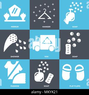 Set Of 9 simple editable icons such as Flip flops, Soap, Fashion, Van, Shower, Hanger, Mirror, can be used for mobile, web Stock Vector