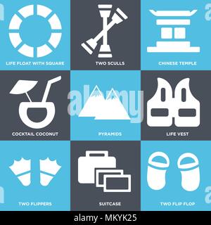 Set Of 9 simple editable icons such as Two Flip Flop, Suitcase, Flippers, Life Vest, Pyramids, Cocktail Coconut, Chinese temple, Sculls, Float with Sq Stock Vector