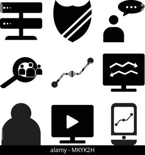 Set Of 9 simple editable icons such as Mobile app, Play on mac, User, Analytic computer, Share, Search employee, User mail, Shield, Server, can be use Stock Vector