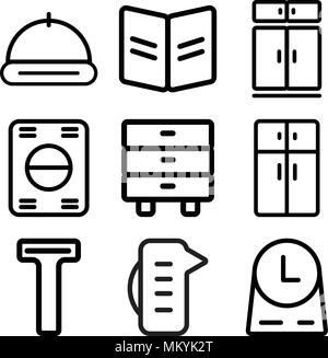 Set Of 9 simple editable icons such as Clock, Measuring cup, Bottle opener, Fridge, Cabinet, Washing machine, Recipe, Tray, can be used for mobile, we Stock Vector