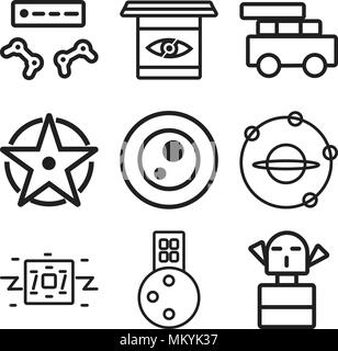 Set Of 9 simple editable icons such as Monster, City, Robot, Outer space, Petri dish, Compass, Data, Science fiction, Game console, can be used for mo Stock Vector