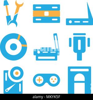 Set Of 9 simple editable icons such as Hard drive, Joystick, Cable, Scanner, Cd, Wifi, Server, Wrench, can be used for mobile, web Stock Vector