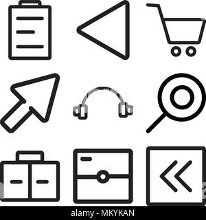 Set Of 9 simple editable icons such as Left arrow, Photo camera, Briefcase, Search, Headphones, Cursor, Shopping cart, Rewind, Calendar, can be used f Stock Vector