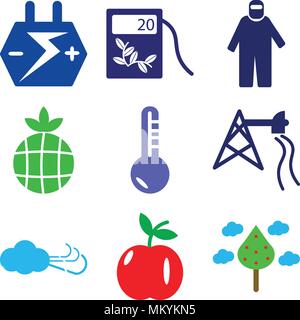 Set Of 9 simple editable icons such as Two Trees and Cloud, Apple with Leaf, Cold Wind, Extracting Oil, Low Temperature, Earth Protective Suit, Ecolog Stock Vector