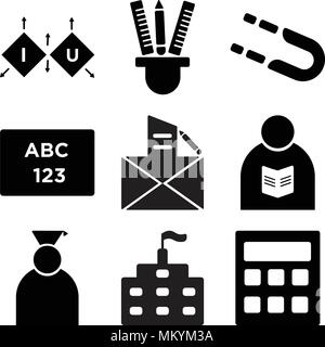 Set Of 9 simple editable icons such as Calculator, School, Graduate, Teacher, Abc, Magnet, Pencil case, Cube, can be used for mobile, web Stock Vector