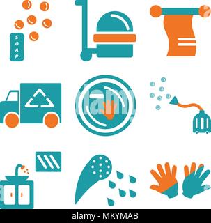 Set Of 9 simple editable icons such as Gloves, Shower, Sink, Vacuum cleaner, Dish, Van, Towel, Cleaner, Soap, can be used for mobile, web Stock Vector